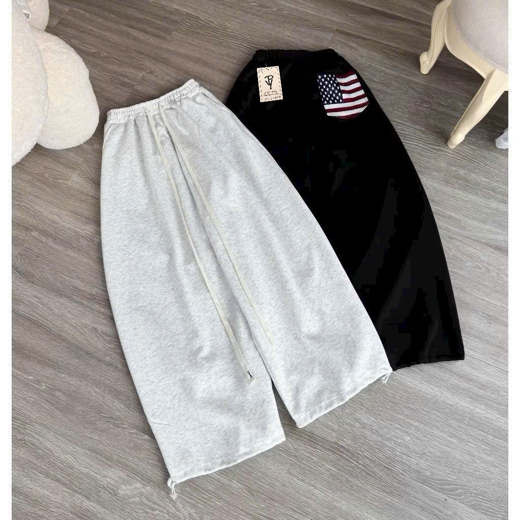 Quần nỉ 2 da dày dặn phom suông rộng basic cờ Mỹ túi mổ rộng unisex