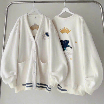 Áo Khoác Nỉ Cardigan Trắng Kem Oversize Thêu Hình Độc Lạ Phong Cách Hàn Quốc