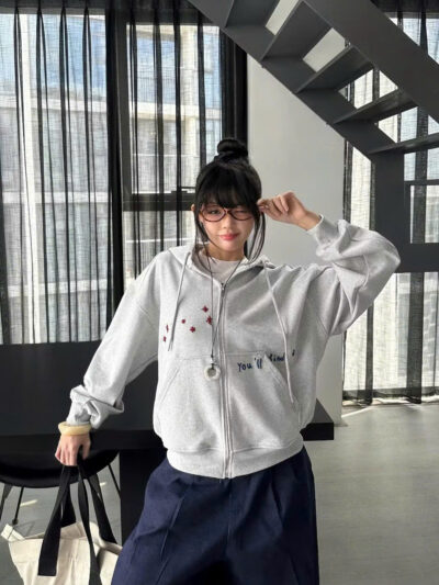 Áo Khoác Zip Nỉ Dày Mịn Thêu Thất Tinh Unisex