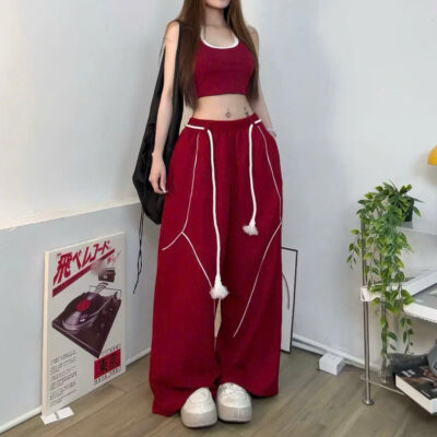 Quần Dù Nữ Phối Mí Thân Quần và Lai - Ống Rộng Thùng Thình với Dây Luồng Lưng